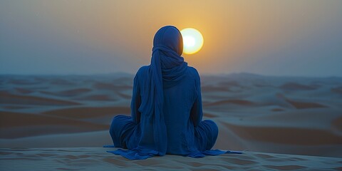 A woman wearing a blue burqa sits peacefully in the desert watching the sunset. Arab woman wearing a blue outfit on the sands of Dubai. - obrazy, fototapety, plakaty