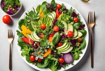 A colorful and appetizing salad composed of fresh greens, vibrant vegetables, and succulent toppings, beautifully arranged on a white plate