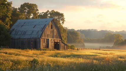 Obraz premium Soft morning light illuminates a rustic countryside barn