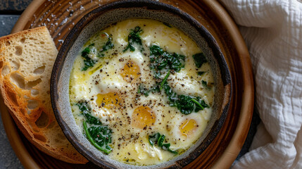 A bowl of stracciatella soup with chicken broth, eggs, cheese, and spinach, seasoned with salt,...