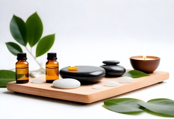 candles on wooden stands, several massage stones, small glass bottles, and green leaves on a white surface