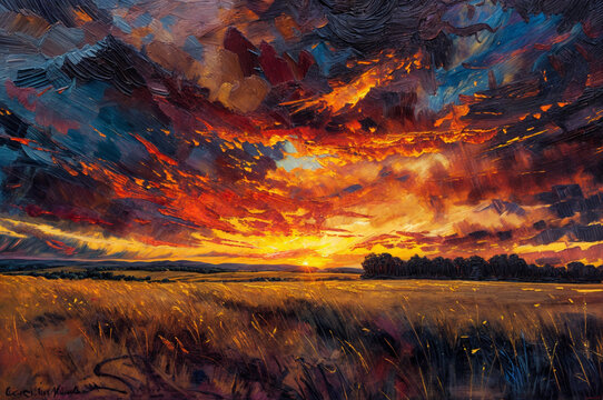 Fiery Sunset Splendor: Vibrant Painting of Golden Field at Dusk