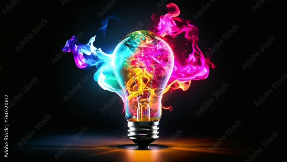 Poster lightbulb idea concept with colorful liquid of splashing unique creative idea on black background