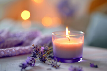 Obraz na płótnie Canvas Aromatherapy concept. Violet scented candle with lavender flowers. Generative AI
