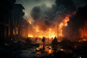 City street ablaze with fire after disaster