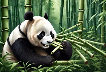 A giant panda peacefully munching on fresh bamboo shoots amidst a dense bamboo forest, showcasing...