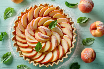 Peach tart surrounded by fresh fruits and mint green leaves. Generative AI