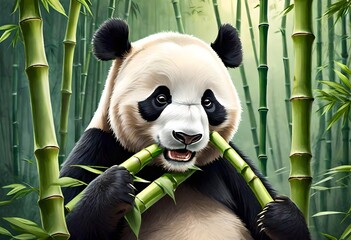 A giant panda peacefully munching on fresh bamboo shoots amidst a dense bamboo forest, showcasing its natural habitat and dietary preference.