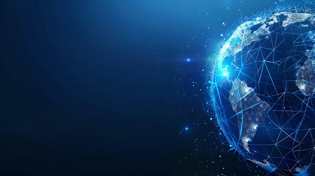 Lines & dots digital connected world: Globe with connected data & information network  - concept for IT, technology, global trade, international telecommunication, high speed exchange, blue background
