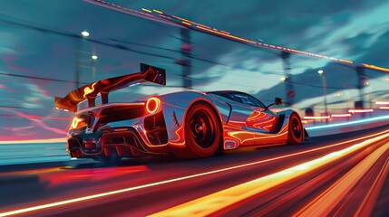 Colourful neon race car on the race track, racing car at night competing at high speed in motion blur, light trails