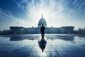 Silhouette facing the US Capitol building - obrazy, fototapety, plakaty