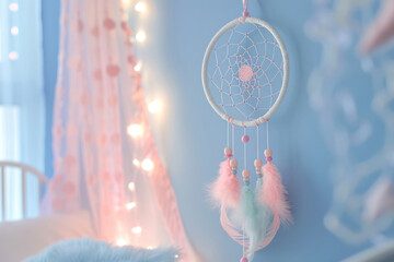 Dreamcatcher with feathers in a kid's room. Generative AI