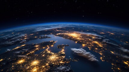 Bokeh Panorama of Europe from Space: Realistic Lighting and Earth's Beauty
 - obrazy, fototapety, plakaty