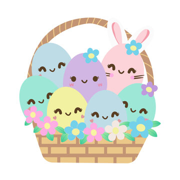 Easter basket of pastel minimal egg,Cartoon hand drawn style,bunny egg,vector illustration