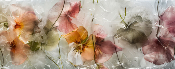 Flowers behind broken glass and plastic effect on white background. Crystal texture overlay photo for design and print. Concept of beauty in fragility and brokenness.