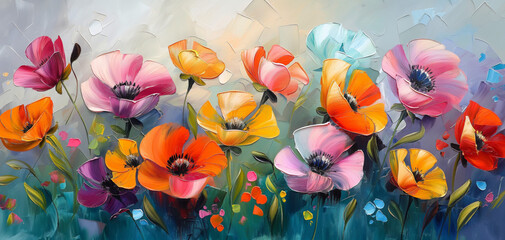 Abstract beautiful painting of colorful flowers. Oil painting backdrop.