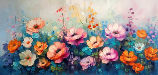 Obraz na płótnie Canvas Abstract beautiful painting of colorful flowers. Oil painting backdrop.