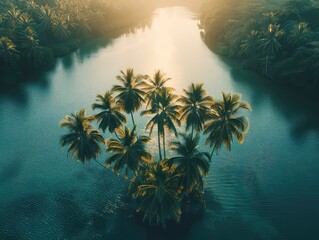 Aerial view of a Dawn hues, serene waters, silhouetted palms, morning tranquility. 