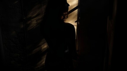 Silhouette of a young woman in a dark room with shadows. The outline of a female amidst dimly lit surroundings, surrounded by shadows.