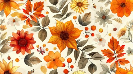 Autumn leaves and flowers seamless pattern, with fall colors and seasonal blooms. Seamless Pattern, Fabric Pattern, Tumbler Wrap, Mug Wrap. - obrazy, fototapety, plakaty