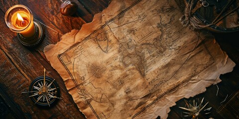 Vintage map of the world spread across a wooden table. - obrazy, fototapety, plakaty