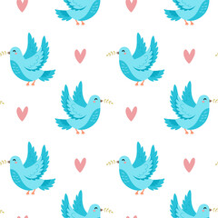 seamless pattern featuring cute doves holding branch in their beaks, surrounded by pink hearts on white background. This delightful illustration represents peace, spring, and renewal of nature.