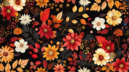 Autumn leaves and flowers seamless pattern, with fall colors and seasonal blooms. Seamless Pattern, Fabric Pattern, Tumbler Wrap, Mug Wrap.