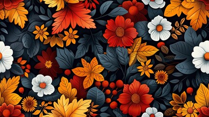 Autumn leaves and flowers seamless pattern, with fall colors and seasonal blooms. Seamless Pattern, Fabric Pattern, Tumbler Wrap, Mug Wrap.