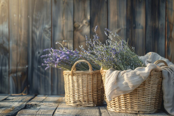 Woven baskets with lavender on a rustic table. Generative AI