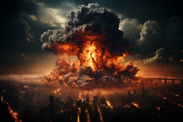 Apocalyptic explosion over city skyline