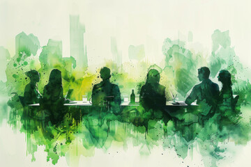 Green watercolor of Multiracial business people having meeting