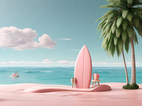Summer vacation beach with Minimal Surfboard, island, background concept, Realistic Display for Product mock-up or Cosmetics with summer pink theme. minimal cute design. 3d rendering