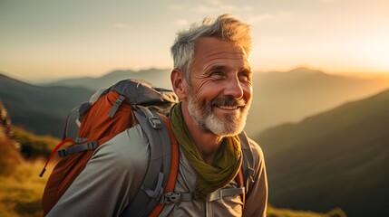 An older man with a backpack smiles radiantly while hiking in the mountains at sunset, embodying adventure and the joy of nature.
