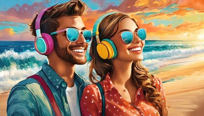 beautiful couple with colorful headphones and sunglasses on the beach