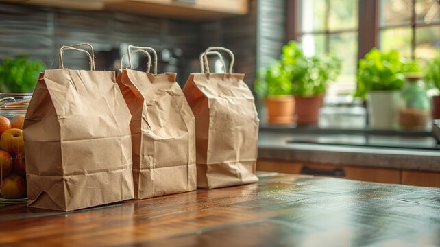 Paper Bags On Kitchen Counter Ready For Unpacking