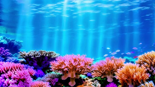 coral reef in the deep blue sea with colourfull fishes