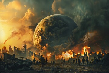Giant planet looming over post-apocalyptic scene - obrazy, fototapety, plakaty