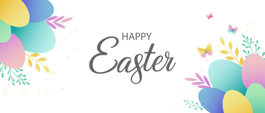 Happy Easter banner. Trendy Easter design with hand drawn lettering and eggs, butterflies in pastel colors. Modern minimalist style. Design for poster, greeting card, website header.