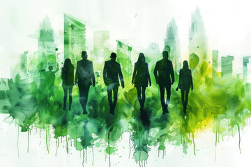 Green watercolor of business people walking on their way from work