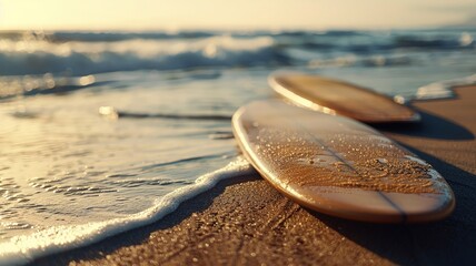 Warm daylight casting shadows on surfboards at a sandy beach