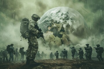 Soldiers marching under stormy skies with earth