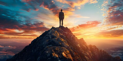 A businessman taking in a breathtaking sunset scene from atop a mountain. Concept Businessman, Mountain Top, Sunset, Breathtaking View, Contemplation