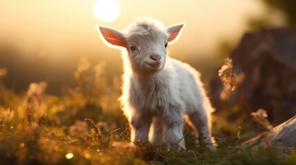 Obraz premium A happy little goat or lamb in a meadow on a sunny day. Agricultural industry. Farming.