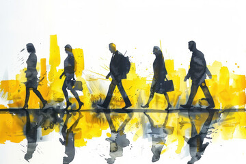 Yellow watercolor of business people walking on their way from work, side view