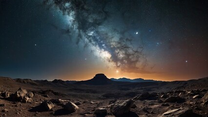 Behold the desert's lunar-like vista, enhanced by the ethereal presence of a nebula swirling above in the sky