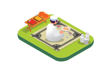Isometric illustration ramadan kareem eating foody.  with food and drinks on the table. Suitable for Diagrams, Infographics, Book Illustration , Infographics, And Other Graphic asset