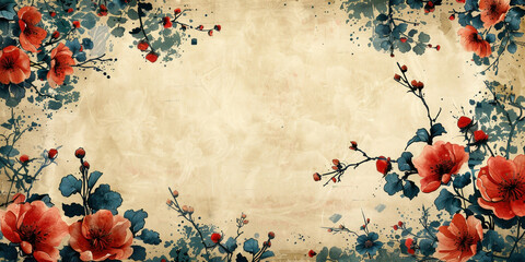 Vintage Floral Paper Background with Red and Blue Flowers Border Frame - obrazy, fototapety, plakaty