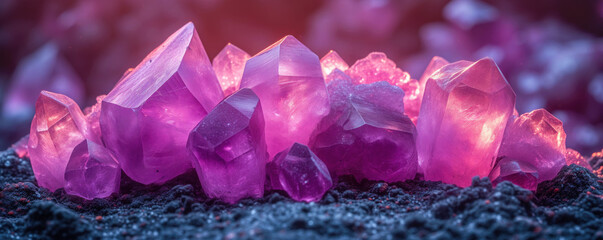 Purple pink crystals, light glows in background, closeup macro detail - abstract crystalline background. Generative AI