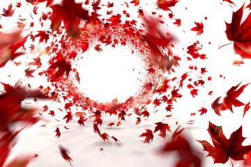 Illustration of a vortex of red leaves on a white background.