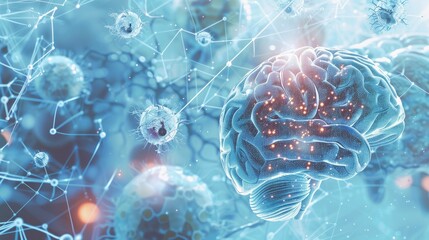 human brain surrounded by various cells, representing neurons or other types of cells, connected by intricate networks